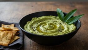 Grüner Bärlauch-Hummus in einer schwarzen Schale garniert mit Olivenöl, Sesam und frischen Blättern, serviert mit Crackern auf einem Holztisch.