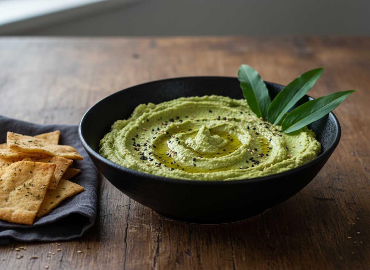 Grüner Bärlauch-Hummus in einer schwarzen Schale garniert mit Olivenöl, Sesam und frischen Blättern, serviert mit Crackern auf einem Holztisch.