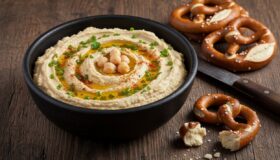 Eine Schale cremiger bayerischer Hummus mit Kichererbsen, Olivenöl und Schnittlauch, serviert mit bayerischen Laugenbrezeln auf einem dunklen Holztisch.