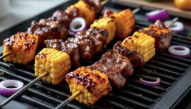 BBQ Spieße mit Mais und Rinderfilet auf einer geriffelten Grillplatte goldbraun angeröstet.