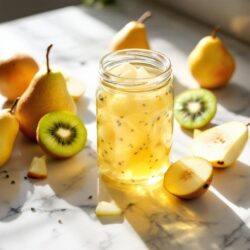 Birnen-Kiwi-Gelee mit frischen Früchten auf einer Steinplatte.