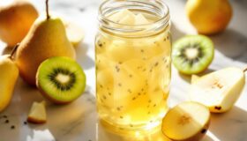 Birnen-Kiwi-Gelee mit frischen Früchten auf einer Steinplatte.