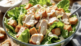 Caesars Salat in einer großen Schüssel angerichtet und mit etwas rotem Pfeffer garniert.