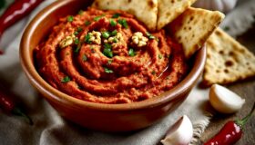 Hatay Ezmesi frisch zubereitet in einer Schale mit frischen Petersilie und kleinen Krackern garniert und mit Chili und Knoblauch daneben auf einem rustikalen Tisch.