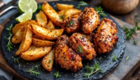 Asia-Hähnchenkeulen mit Sesam-Bratkartoffeln aus dem Ofen. Mit Limette und frischen Kräutern auf einer schwarzen Schieferplatte angerichtet.