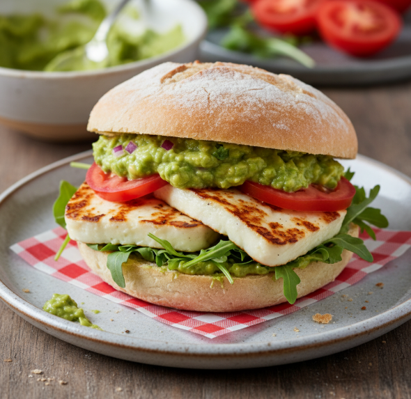 Halloumi-Burger mit Avoacdo-Limetten-Guacamole auf einem hellen Teller und einer rot-karierten Serviette serviert.