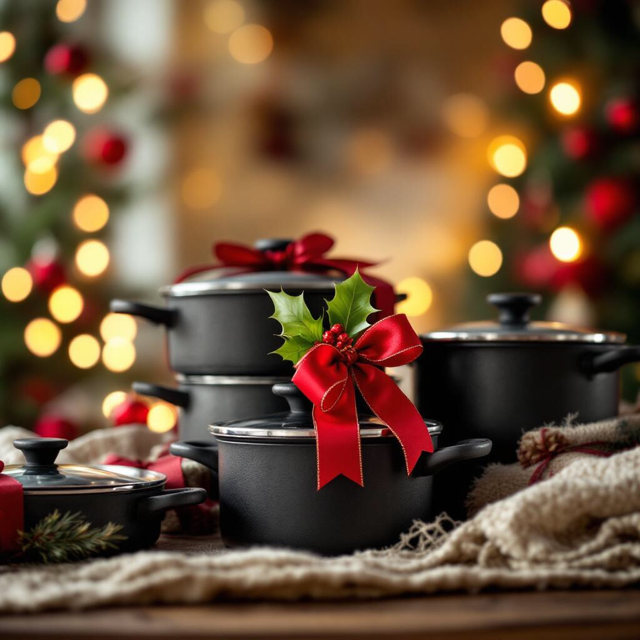 Ein Stapel von Harecker Pfannen Gusstöpfen und Pfannen als Weihnachtsgeschenke mit roter Weihnachtsschleife und Stechpalme vor verschwommenem Weihnachtsbaum.