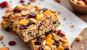 High Protein Riegel, selbstgemacht mit vielen Nüssen, Samen und getrockneten Früchten. Sehr lecker.