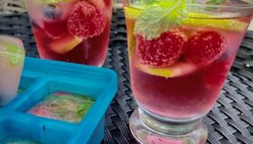 Himbeer-Mojito mit frischen Himbeeren, frischer Minze, Lemonscheiben und fruchtigen Eiswürfeln in einem Glas serviert.