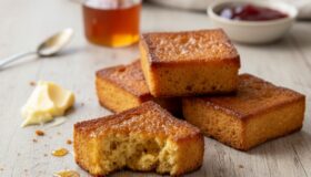 Honey Butter Brioche Toast auf einer Arbeitsplatte in der Küche mit etwas Honig im Hintergrund.