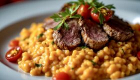 Lammfilet auf Karotten Risotto auf einem weissen Teller angerichtet.
