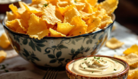 Knusprige Farfalle Pasta Chips mit hausgemachten Käsedip frisch auf dem Tisch.