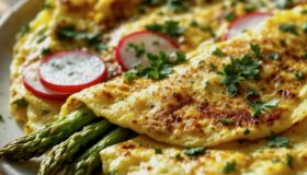 Kräuter-Omelette mit Spargel. Garniert mit frischer Petersilie und ein paar Radieschen.