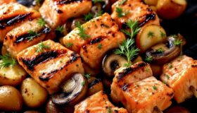 Lachs-Spieße auf einer Grillplatte mit Pilzen und Kartoffeln.