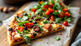 Ein Stück Low Carb Pizzaboden mit frischem Belag aus dem Ofen mit etwas Salate daneben angerichtet.