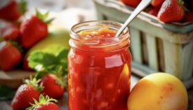 Mango-Erdbeer-Marmelade im Glas. Mit frischen Früchten dekoriert und einem Löffel im Glas.