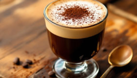 Frisch zubereiteter Marocchino Kaffee auf einem rustikalen Holztisch.