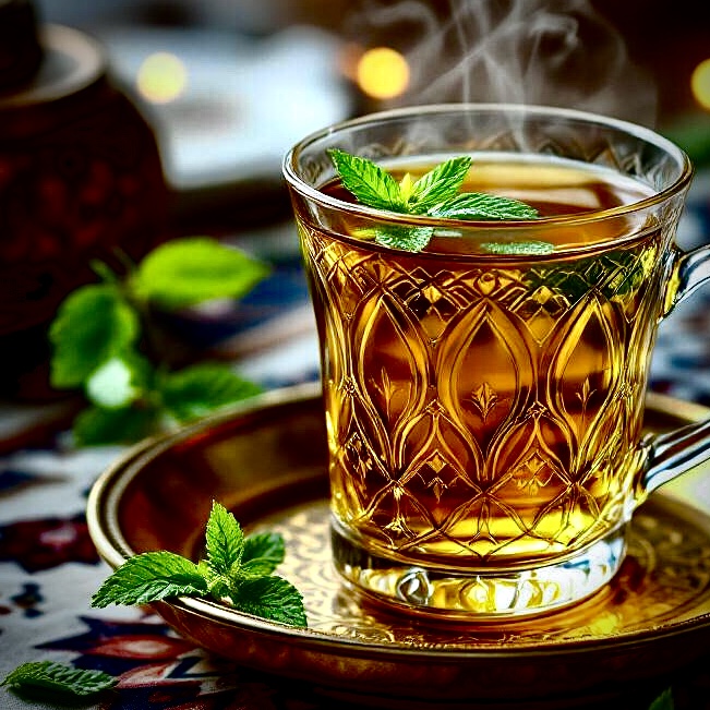 Frisch aufgeossener marokkanischer Minztee mit frischer Minze in einem Glas wie in Marokko.