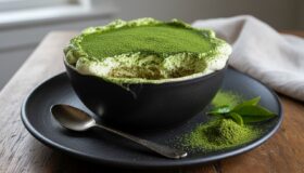 Ein köstliches Matcha-Dessert, elegant angerichtet in hochwertigem Geschirr von Pfannen Harecker, ergänzt durch frisches Teepulver und Blätter.