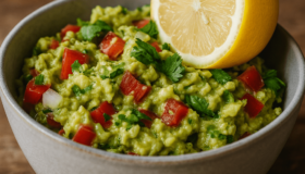 mexikanische Guacamole in einer Schüssel mit einer halben Zitrone drauf