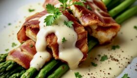 Ofen-Spargel mit Hähnchen in Pancetta auf einem weißen Teller serviert