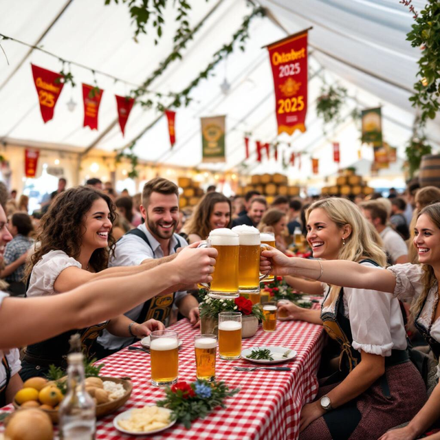 Ein großes, belebtes Festzelt auf dem Oktoberfest 2025 im München, das bis auf den letzten Platz gefüllt ist. Zahlreiche Besucher in traditioneller bayerischer Tracht, wie Dirndl und Lederhosen, sitzen an langen Holztischen und unterhalten sich. Die Decke des Zeltes ist mit bunten Girlanden und Wimpeln festlich geschmückt, und die Atmosphäre wirkt fröhlich und ausgelassen.