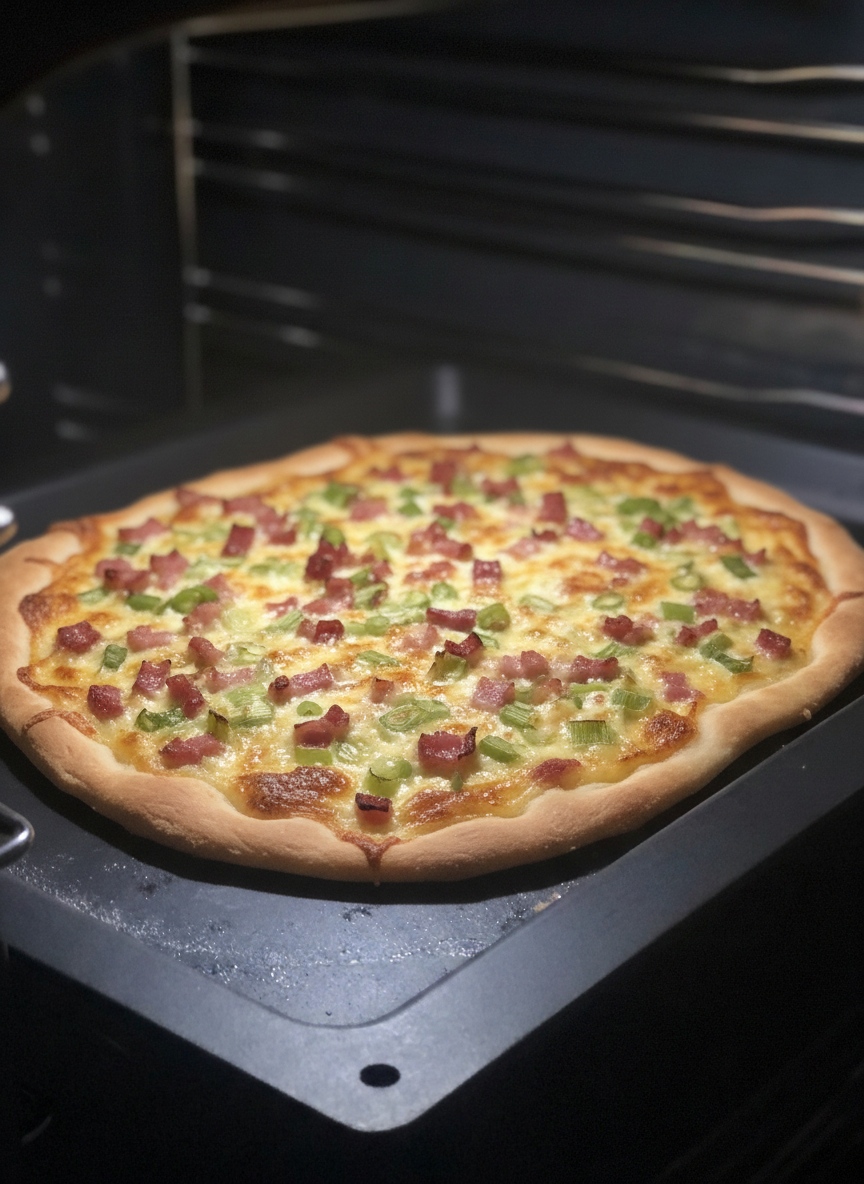 Original Elsässer Flammkuchen hausgemacht mit Schinkenwürfeln und Frühlingszwiebeln, die auf einem schwarzen Backblech von Pfannen Harecker in einem Ofen backt.