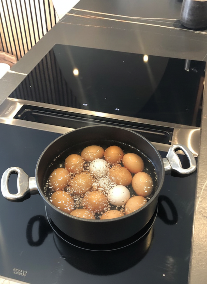 Klassische Soleier beim einkochen in einem Topf mit sprudelndem Wasser für Ostern zum einlegen.
