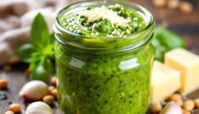 Pesto aus frischem Basilikum, mit Pinienkernen, Parmesan und Knoblauch auf einem dunklem Holzbrett mit allen Zutaten dekoriert.