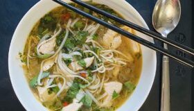 Pho Ga Suppe mit Huhn & Reisnudeln in einer Schale serviert. Wer mag kann die Reisnudeln gerne mit Stäbchen essen, so richtig traditionell.