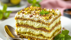Ein Stück Pistazien Tiramisu auf einem Teller angerichtet mit fisch gehackten Pistazien garniert.