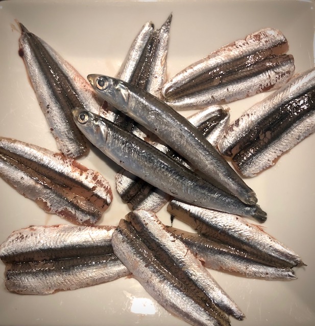 Zwei kleine Sardinen noch nicht ausgenommen und einige fertige Sardinen Filets