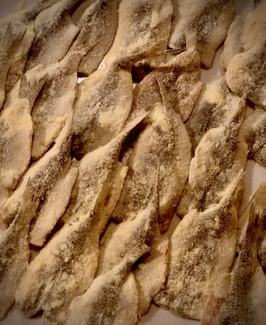 Vorbereitete Sardinenfiles in Semola paniert.