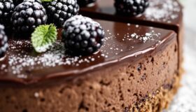 Schoko-Cheesecake mit frischem Früchten und Minzeblättern dekoriert und mit Puderzucker bestäubt