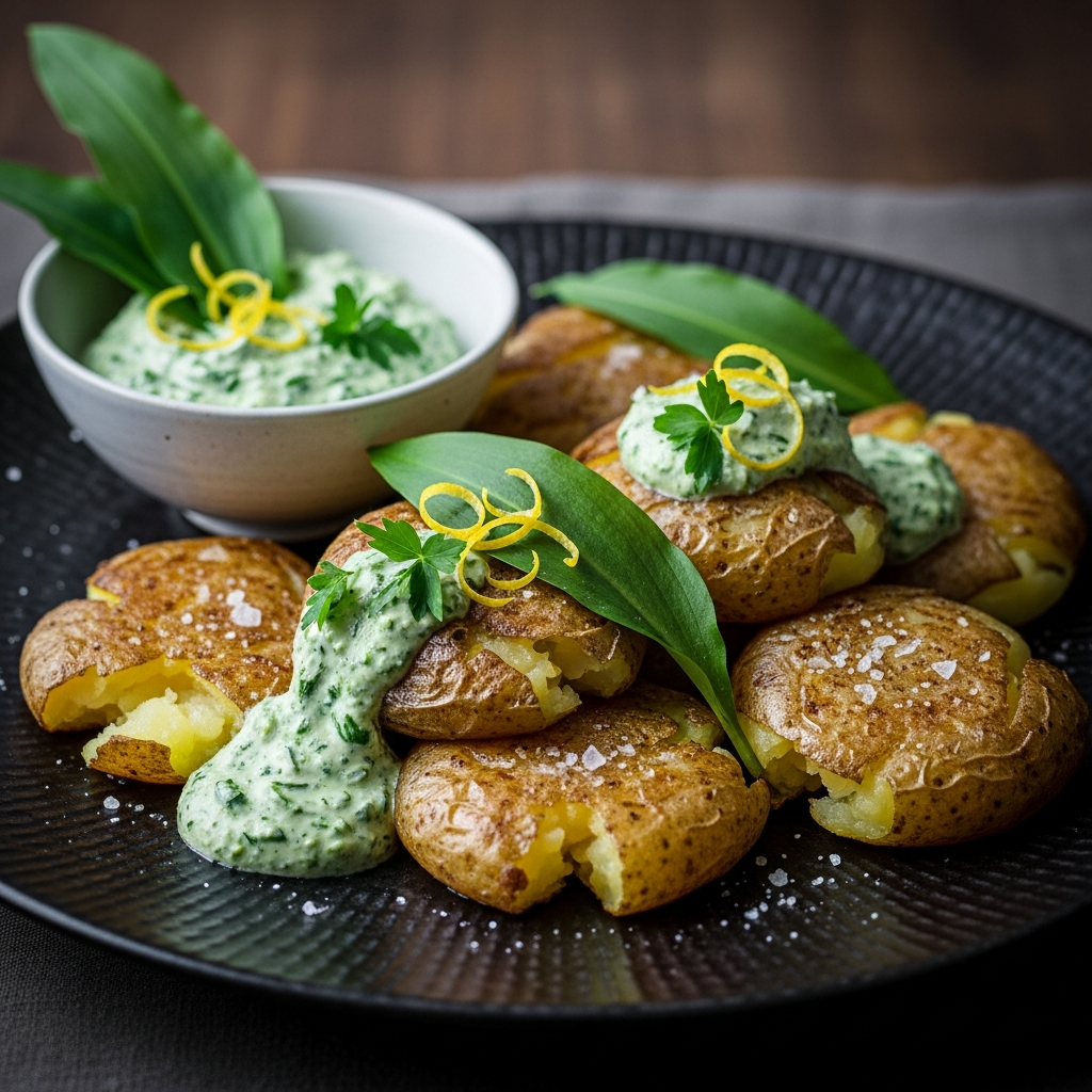 Smashed Potatoes mit Bärlauch-Zitronen-Dip verführisch knusprig auf einem schwarzen Teller angerichtet.
