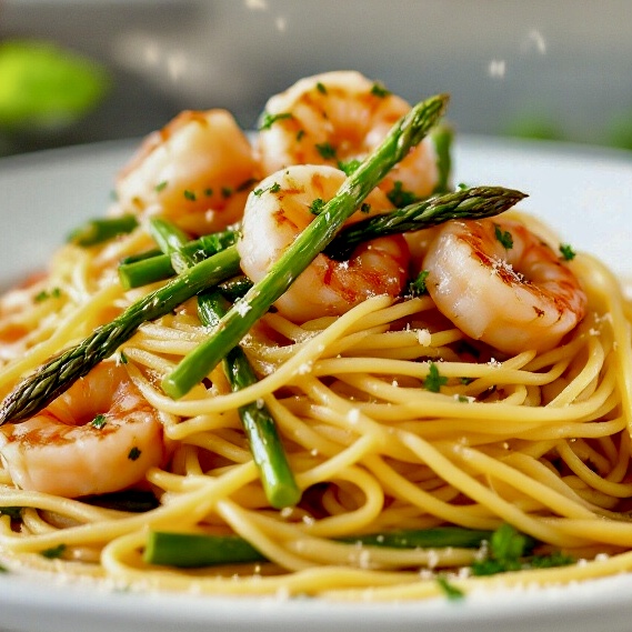 Wilder Spargel mit gebratenen Garnelen und Spaghetti dazu