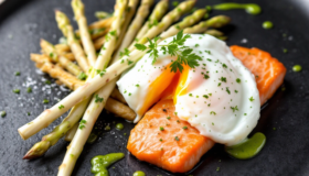 Spargel mit Lachs, Kräutersoße und einem pochierten Ei oben drauf serviert.