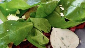Babyspinatblätter mit einem Stück Ricotta aus dem Ofen auf Blaukrautsalat bzw. Rotkohlsalat auf einem grauen Teller angerichtet.