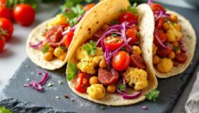 Tacos mit Chorizo und Blumenkohl auf einer grauen Schieferplatte angerichtet. Im Hintergrund Limette, Tomaten und frische Petersilie.