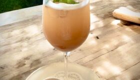 Ein naturtrüber Traubenspritz in einem Glass mit ein paar roten Weintrauben am Spieß angerichtet.