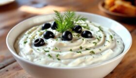 In einer weißen Schale befindet sich cremiges Tzatziki mit Gurkenstückchen. Darauf sind acht schwarze Oliven arrangiert, die als Garnitur dienen. Ein kleiner Zweig frischer Dill liegt dekorativ auf den Oliven.