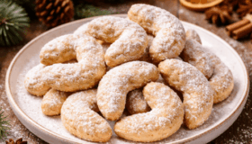 Vanillekipferl auf einem Weihnachtlichen Teller, dick mit Puderzucker bestreut. Aufnahme in der Küche auf unserem Holztisch. Vanilleschoten und Schüssel mit Puderzucker im Hintergrund.