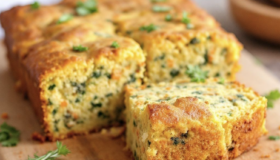 Zucchini-Karotten-Kuchen auf einem Holzbrett angerichtet.
